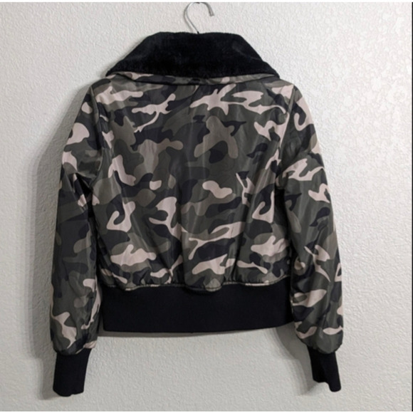 Ci Sono Woman Camo Bomber Puffer Jacket Green Black Crop Full Zip Pockets Size S - Picture 2 of 8